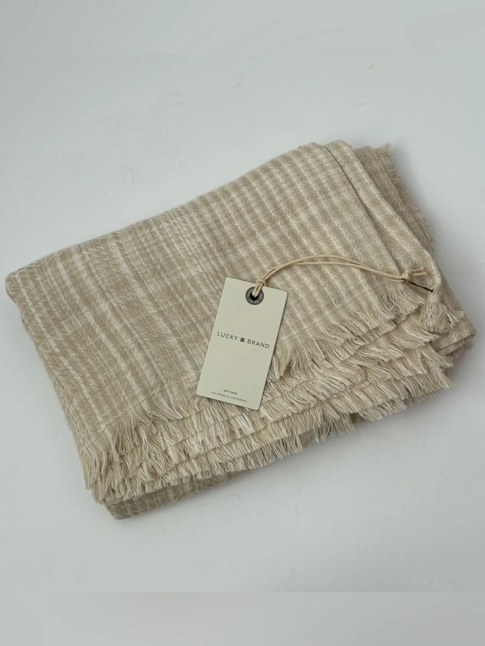 Fall Cozy Layering Fringe Scarf Lucky Brand Plaid Cream White Neutral NWT